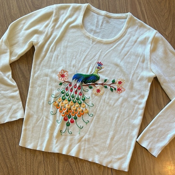 Vintage 70s Embroidered Peacock Scoop Neck Semi-Sheer Cream Ivory Sweater S/Med - Picture 1 of 13